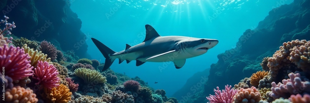 Black tip reef shark gracefully gliding through coral reef, marine wildlife, coral reef, swim Black tip reef shark gracefully gliding through coral reef, marine wildlife, coral reef, swim