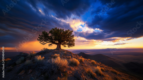 Lone Majestic Tree Standing on a Desert Hill Illuminated by Golden Sunlight Against a Deep Stormy Blue Sky in a Dramatic Natural Landscape