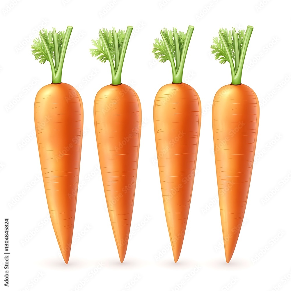 Vibrant Carrot Quartet: A close-up captures four fresh carrots, displaying their vibrant orange hues, topped with lively green leaves in a visually appealing composition. Vibrant Carrot Quartet: A close-up captures four fresh carrots, displaying their vibrant orange hues, topped with lively green leaves in a visually appealing composition.