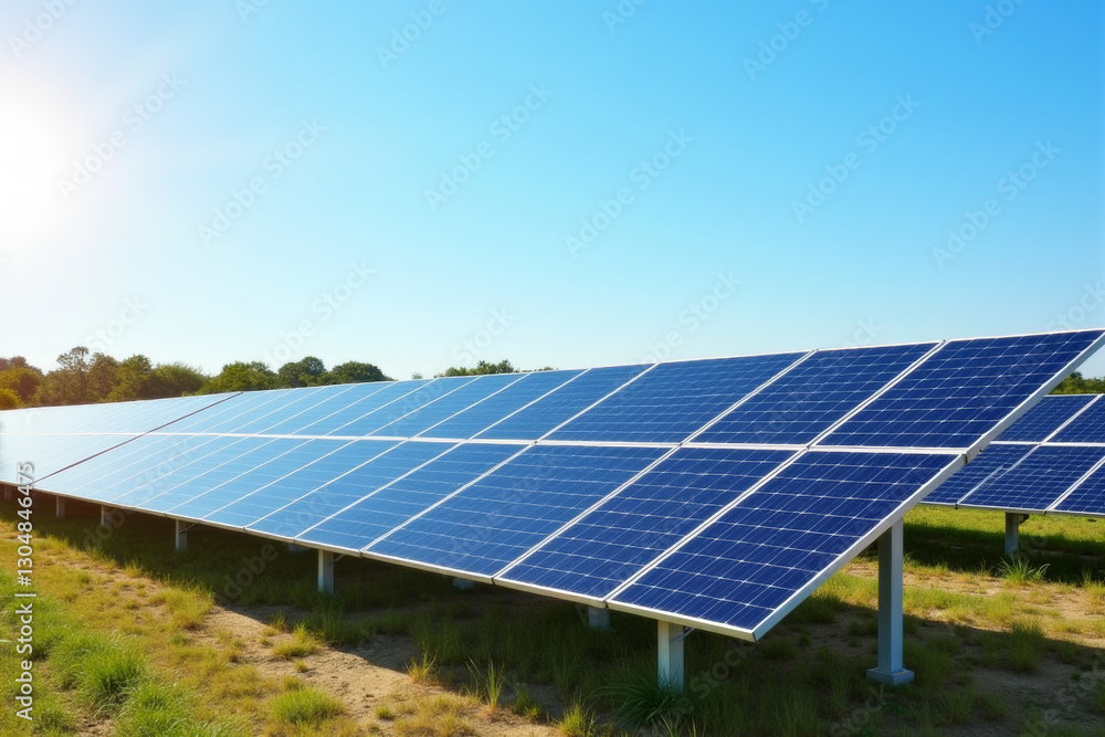 Large solar farm with reflective panels under bright sunlight, renewable energy concept . Large solar farm with reflective panels under bright sunlight, renewable energy concept .