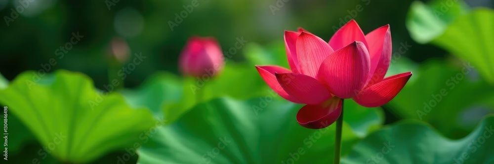 Red lotus blooming in a container among green plants, small garden, red bloom Red lotus blooming in a container among green plants, small garden, red bloom