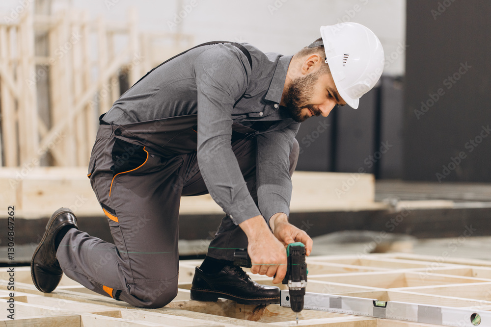 Carpenter using cordless drill assembling wooden frame in workshop Carpenter using cordless drill assembling wooden frame in workshop