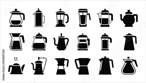 Coffee Pot and French Press Icon Set. Brewing, Cafe, Espresso, Tea, Kitchen Vector.