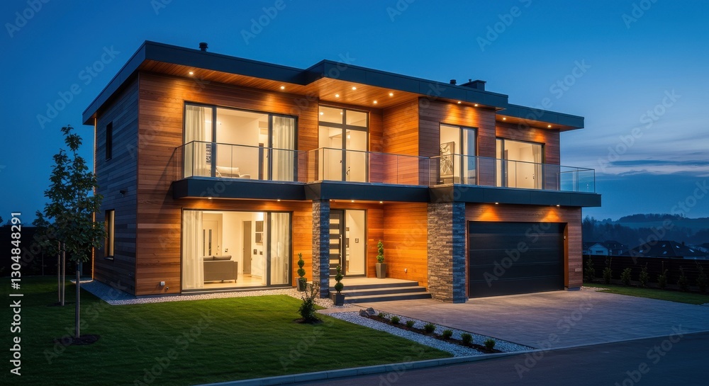 A luxury smart home with contemporary architecture featuring wood paneled walls large glass balconies and a sleek black garage door A luxury smart home with contemporary architecture featuring wood paneled walls large glass balconies and a sleek black garage door