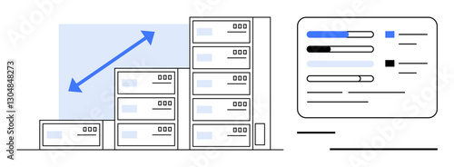 Server racks increasing in size next to a performance analytics panel with arrows indicating growth. Ideal for data management, IT infrastructure, progress, analytics, scalability, cloud technology