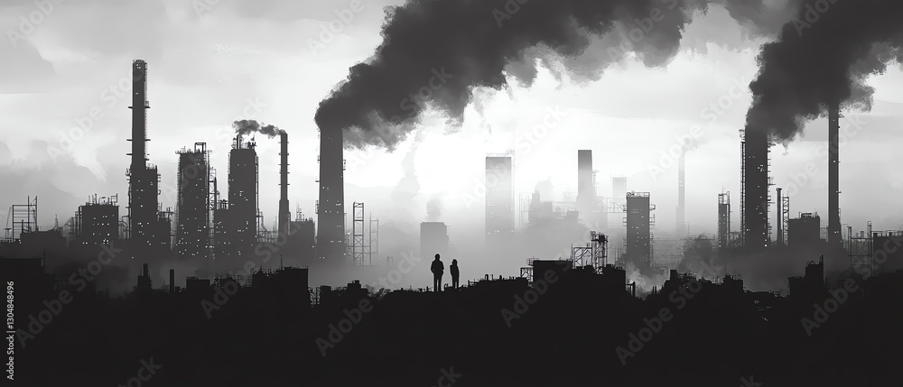 Obraz premium Industrial factory silhouette with dark smoke, people standing