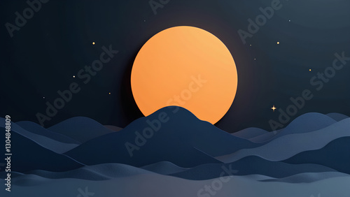 A vibrant orange sun rises over dark, stylized mountains, creating a serene night landscape filled with stars and a calm atmosphere.