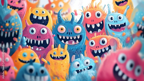 Happy Colorful Monsters Crowd Together Joyfully