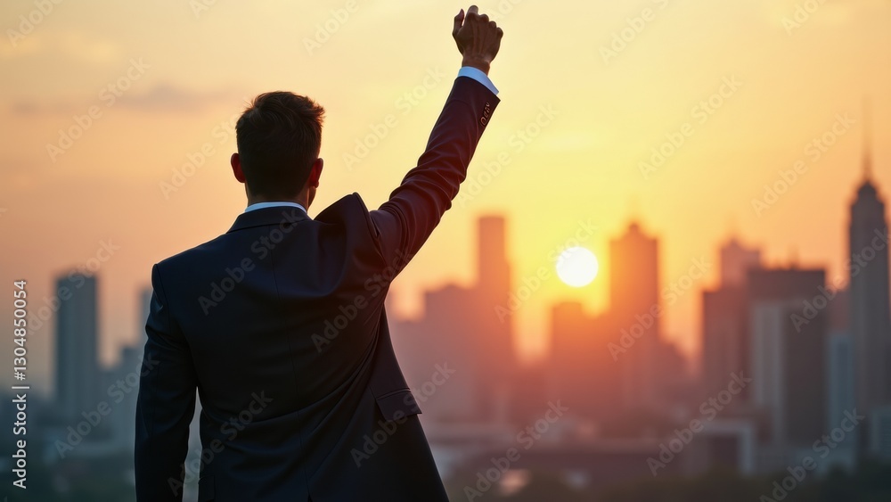 Fototapeta premium Man in a suit is raising his fist in the air, with the sun in the background. Concept of triumph and success