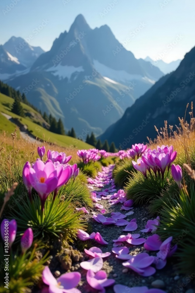 Obraz premium Soft pink petals of crocuses blanket the mountain path, spring, tre cime di lavaredo, serene landscape