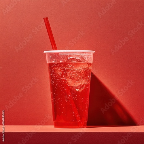 Refreshing red soda with ice cubes and straw against a vibrant red background in a studio shot