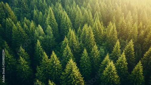 Fototapeta Naklejka Na Ścianę i Meble -  lush pine tree forest seen from above, illuminated by sunlight and soft-focus effect