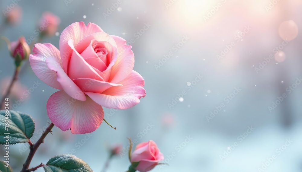 Obraz premium Soft pink rose blooms against a snowy white background with gentle wisps of fog, pink, peaceful