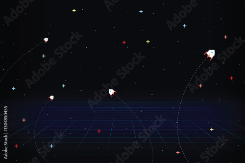 Pixel art background. 8 bit game. retro game. for game assets in vector illustrations. Retro Futurism Sci-Fi Background. glowing neon grid. and stars from vintage arcade comp