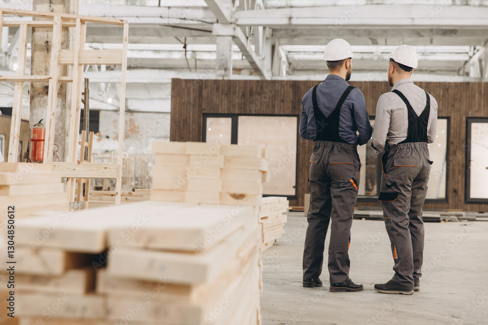 Fototapeta premium Construction workers discussing prefabricated building project in factory
