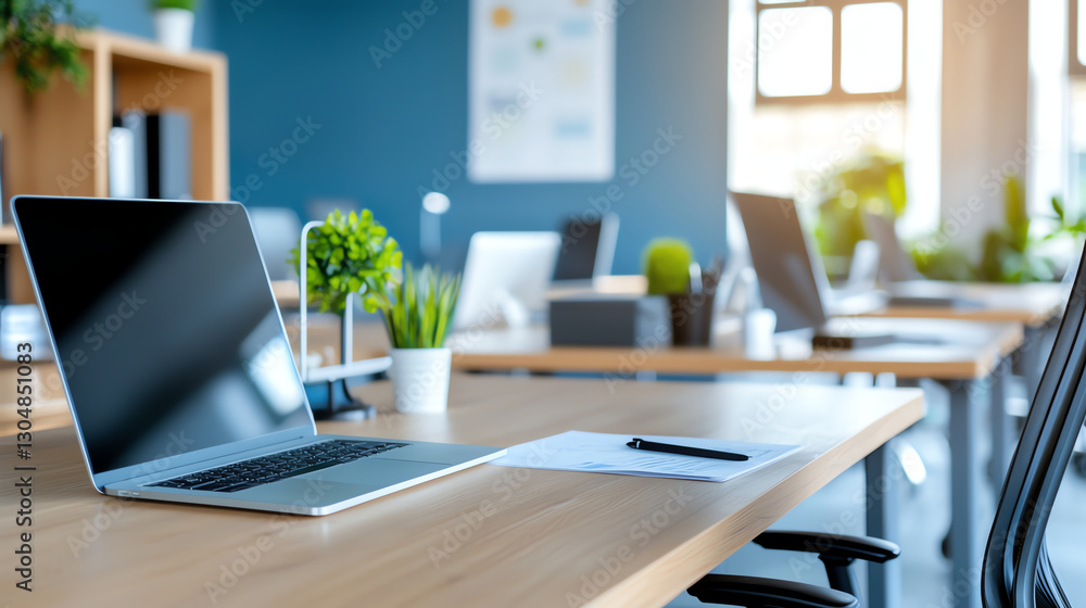 Fototapeta premium Modern open space office with gray and blue color scheme, featuring laptop, plants, and organized workspace. atmosphere is bright and inviting, promoting productivity and creativity