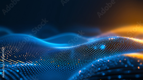 Digital waves with glowing blue and orange lights create mesmerizing visual effect, representing modern technology and innovation