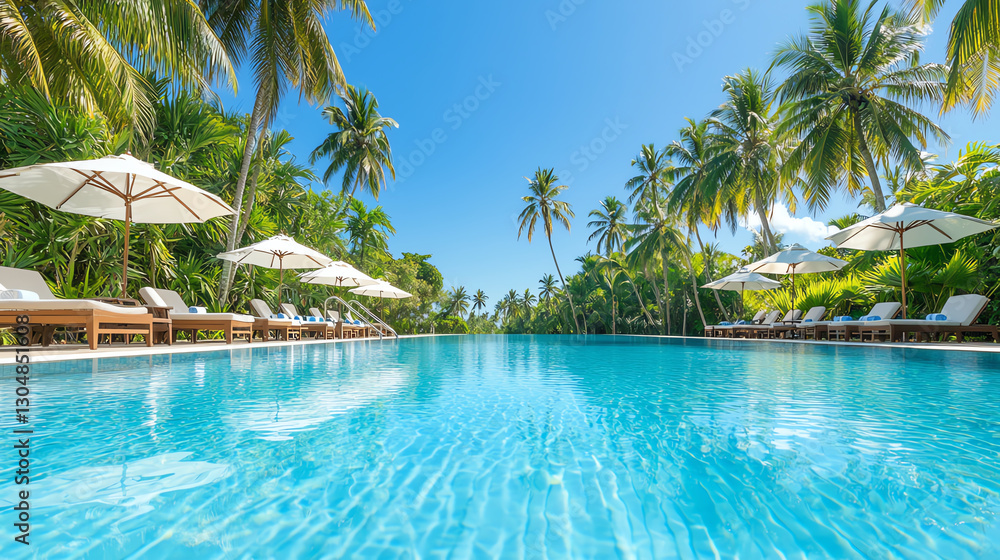 Obraz premium serene tropical pool surrounded by palm trees and sun loungers, featuring luxurious umbrellas for shade. clear blue water reflects sunny sky, creating tranquil atmosphere