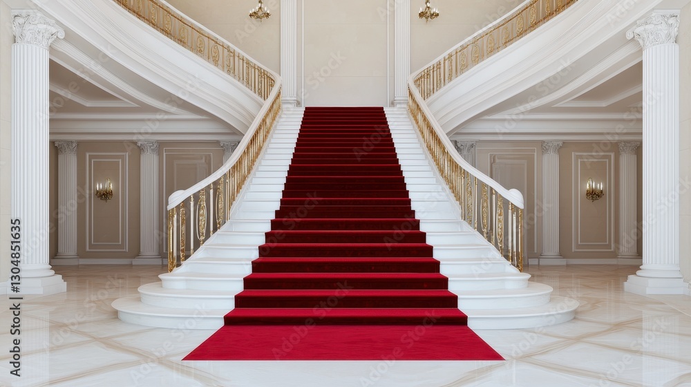 Elegant grand staircase with red carpet and ornate railings in luxurious interior space Elegant grand staircase with red carpet and ornate railings in luxurious interior space