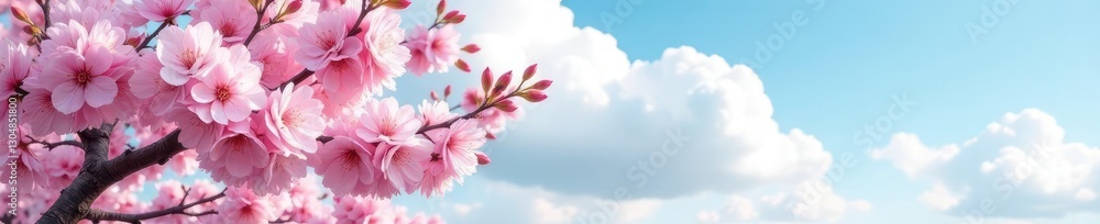 Obraz premium Soft puffy clouds hide behind a blooming cherry blossom tree, soft, nature, bloom
