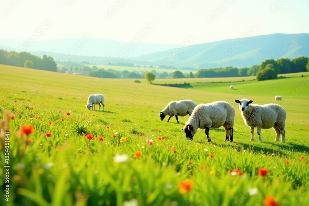 Fototapeta premium Serene pastoral scene featuring sheep grazing peacefully in a vibrant meadow dotted with wildflowers, under a soft sunlit sky, showcasing the beauty of rural landscapes.