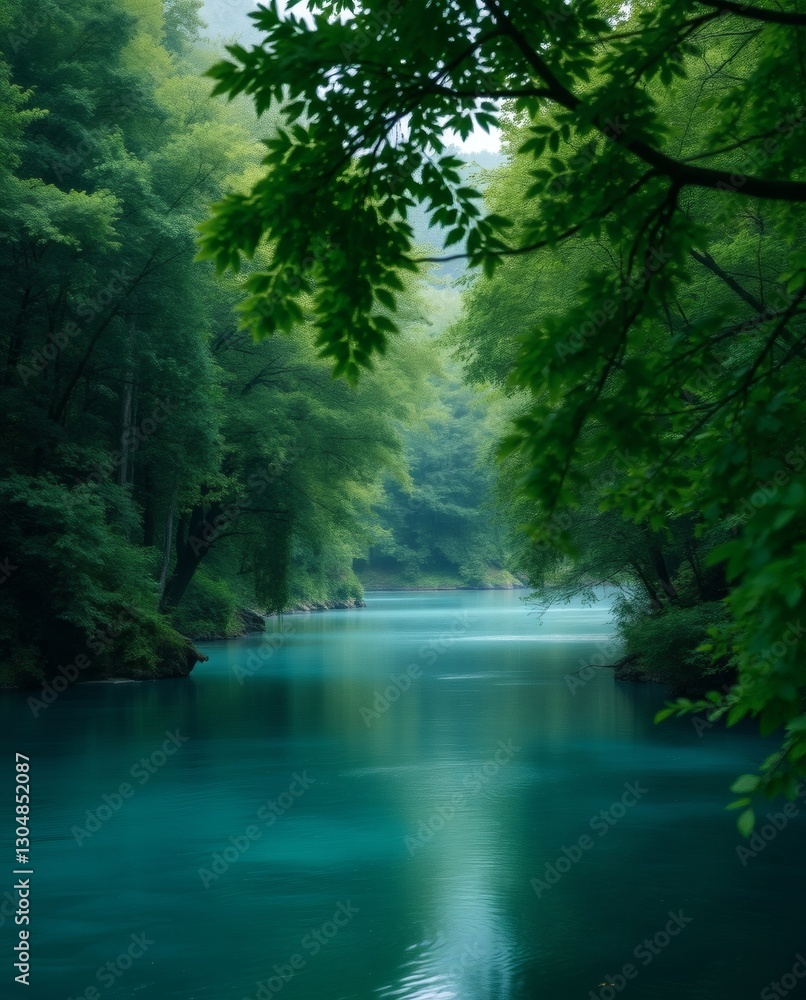 a stunning, serene turquoise river flowing through a vibrant green forest. The tranquil water reflects the surrounding foliage a stunning, serene turquoise river flowing through a vibrant green forest. The tranquil water reflects the surrounding foliage
