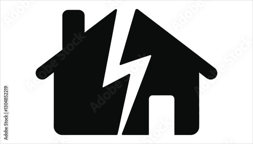 Black House with Lightning Bolt Icon. Power Outage, Electrical Hazard, Storm Damage Symbol Vector.
