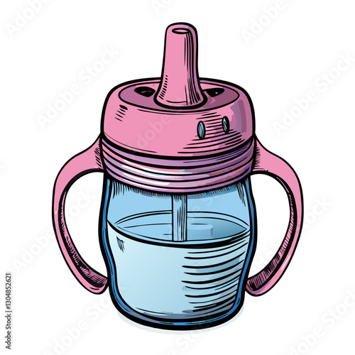 Pink and blue baby sippy cup with handles in cartoon style