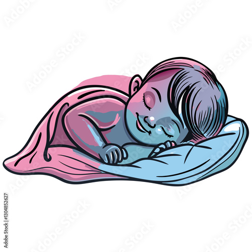 Sleeping baby wrapped in pink and blue blanket in cartoon style