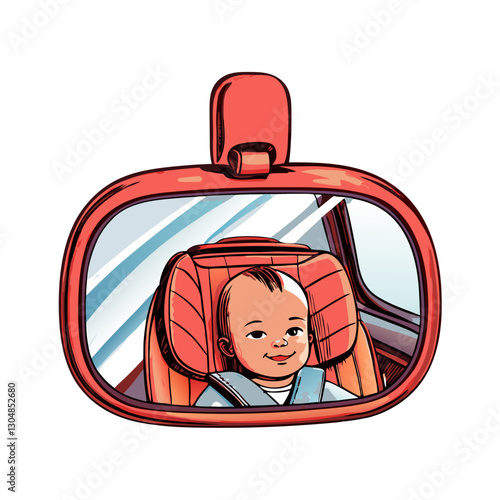 Baby in car seat reflection in red rearview mirror