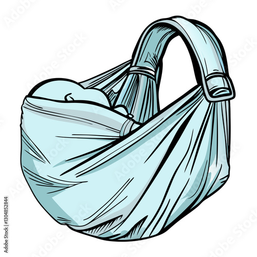 Light blue baby sling carrier with infant in cartoon style