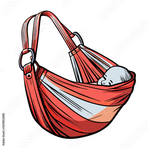 Red baby sling carrier with infant inside in cartoon style