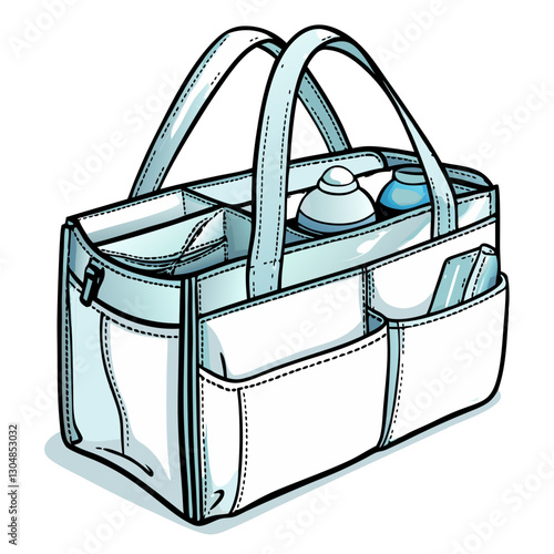 White diaper bag with baby bottles in cartoon style