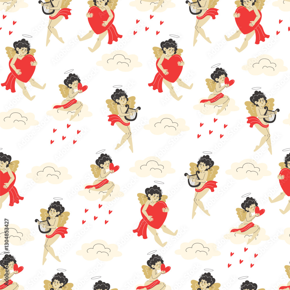 Naklejka premium Seamless Valentine's Day Pattern with Cupids Sitting on Clouds, Playing Harp, and Hugging Hearts on White Background