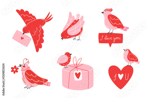 Set of Love-Themed Birds for Valentine's Day, Perfect for Romantic Card Designs