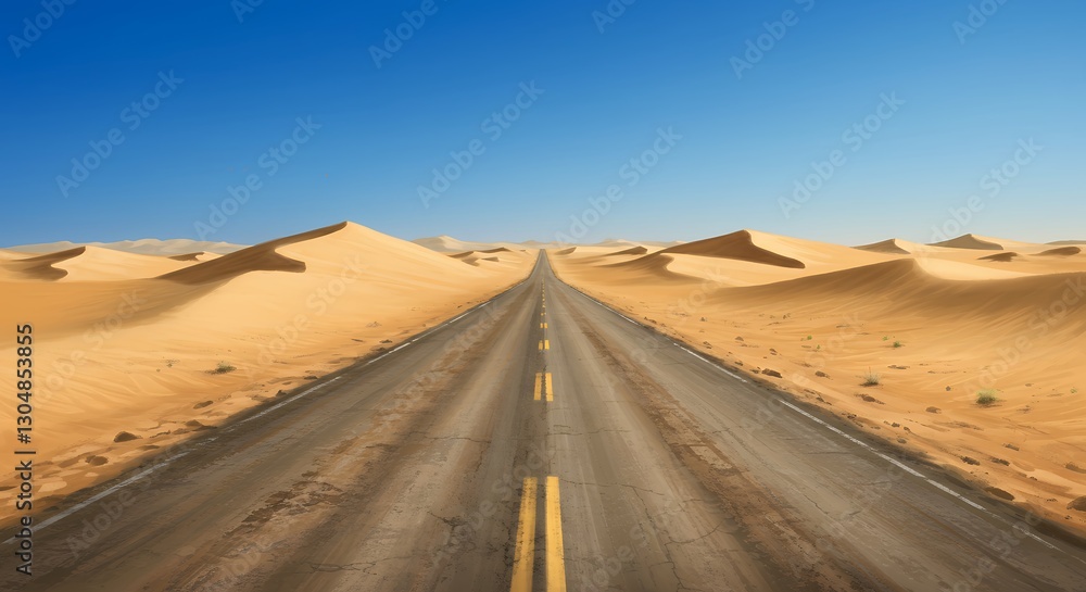 Desert Road Stretching to Horizon Under Clear Blue Sky Desert Road Stretching to Horizon Under Clear Blue Sky