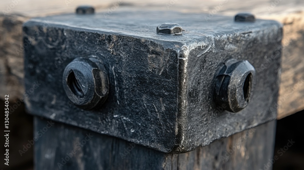 Rustic metal bolt on weathered wooden beam close-up