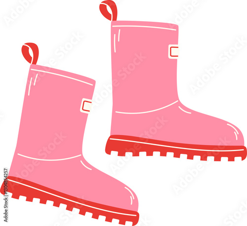 Pink Fashionable Rubber Boots with Red Sole for Rainy Weather in Spring or Fall, Flat Style Isolated on White Background