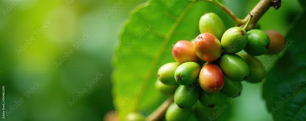 Green and ripening Arabica coffee cherries on a coffee tree branch , leaf, close-up Green and ripening Arabica coffee cherries on a coffee tree branch , leaf, close-up
