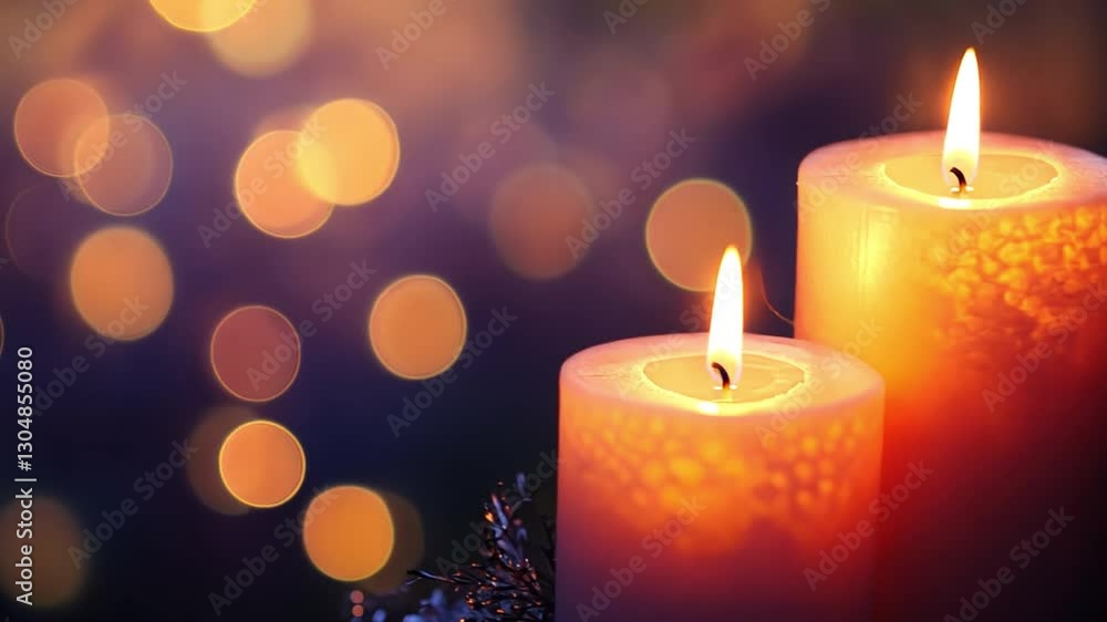Candlelight Embrace: Two lit candles cast a warm, inviting glow against a backdrop of soft bokeh lights, creating a serene and intimate ambiance.