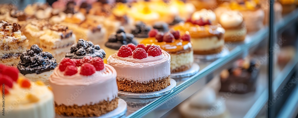 Colorful display of small cakes and desserts on glass shelves at a patisserie counter, variety of tempting pastries and sugary treats, perfect for enticing bakery customers Colorful display of small cakes and desserts on glass shelves at a patisserie counter, variety of tempting pastries and sugary treats, perfect for enticing bakery customers