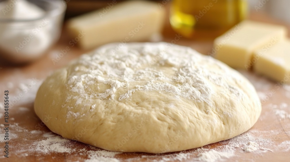 Close up shot of dough ball with flour on wooden table with cheese and oil in background capturing baking preparation Close up shot of dough ball with flour on wooden table with cheese and oil in background capturing baking preparation