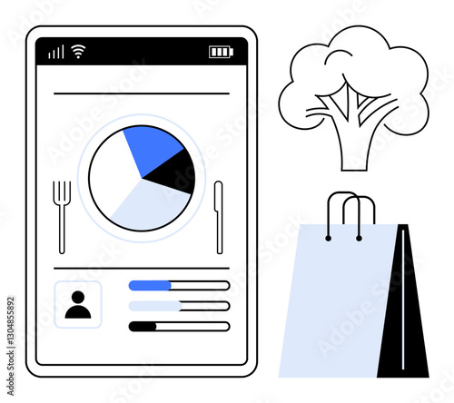 Tablet screen displaying nutrition data and pie chart, tree symbolizing nature, and shopping bag. Ideal for health, food tracking, eco-consciousness, sustainability, consumption habits, digital