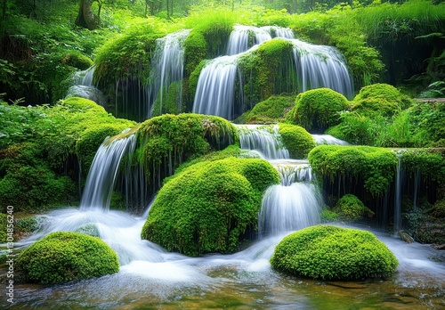 Lush Green Waterfalls Cascading Over Mossy Rocks in a Serene Forest Setting with Sunlight Filtering Through Vibrant Foliage and Tranquil Atmosphere