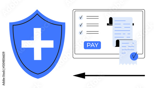 Shield with cross, digital payment interface, checklist, and receipt. Ideal for healthcare payment, insurance security, digital transactions, financial approvals, secure payments medical billing