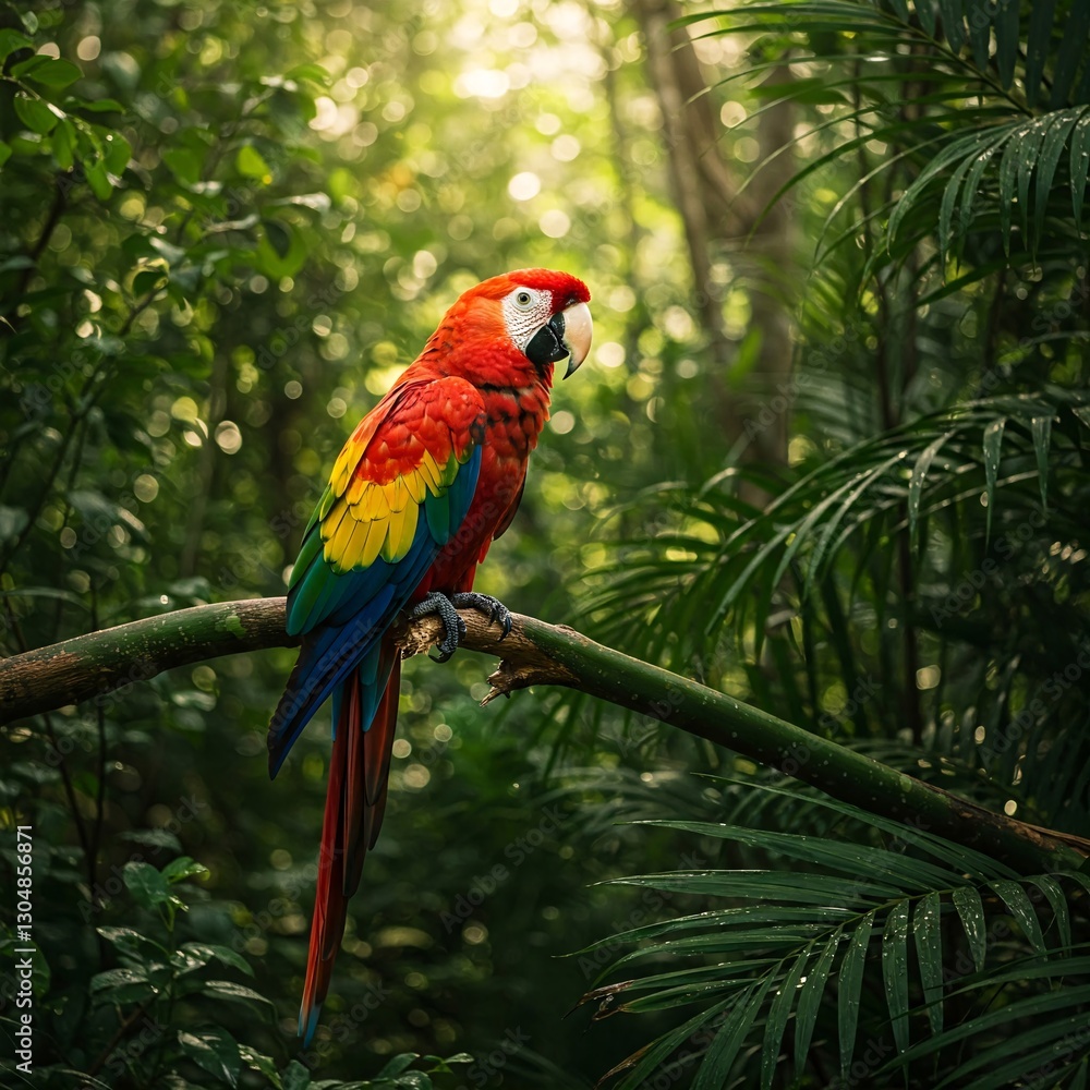 Fototapeta premium Vibrant Scarlet Macaw Perched on a Branch in Lush Rainforest, Natural Light Photography