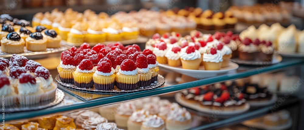 Vibrant and colorful small cakes and pastries on display at a bakery counter, arranged on glass shelves, tempting and sugary treats for customers in a delicious patisserie settin Vibrant and colorful small cakes and pastries on display at a bakery counter, arranged on glass shelves, tempting and sugary treats for customers in a delicious patisserie settin