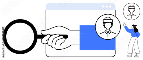 Hand holding magnifying glass examining user icons on browser. Woman pointing at profile picture. Ideal for recruitment, research, user experience, analysis, selection, focus decision-making. Flat