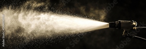 A red fire extinguisher releasing a fine mist of pressurized spray against a dark background. A concept of emergency safety and fire suppression. Generative AI.