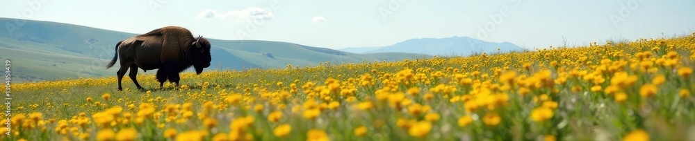 Rolling hills of wildflowers, solitary bison roaming , animal, natural, blue Rolling hills of wildflowers, solitary bison roaming , animal, natural, blue